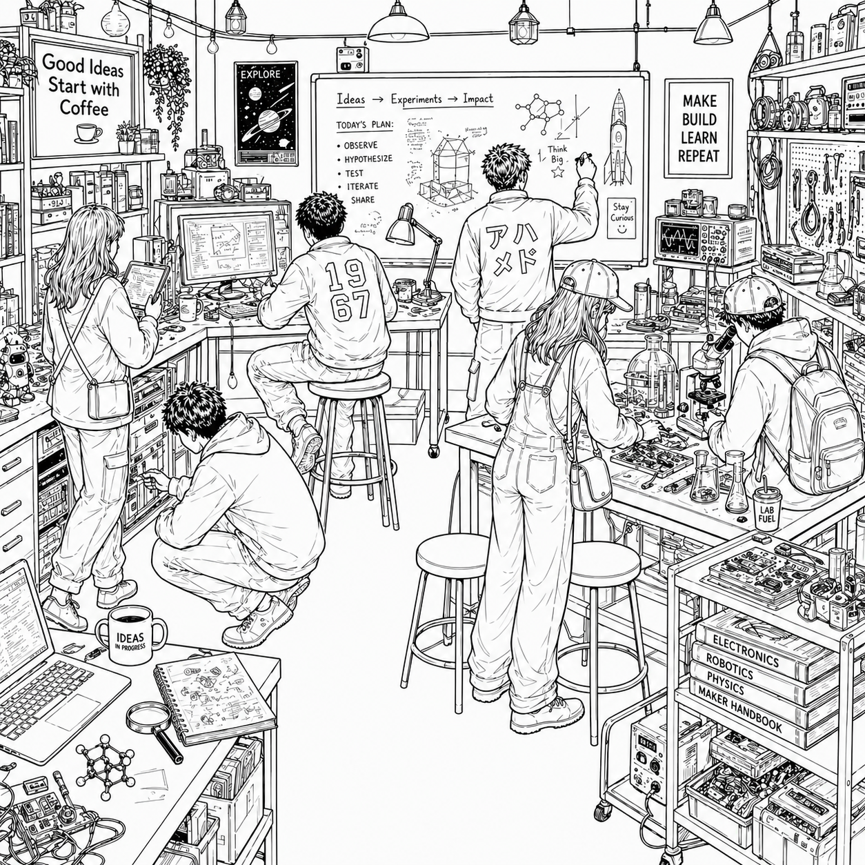 Illustrated Sensorco team collaborating in a workshop and lab.